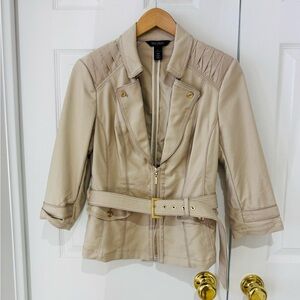 8 WHBM Women's Cropped Jacket with Belt Champagne 3/4 sleeves